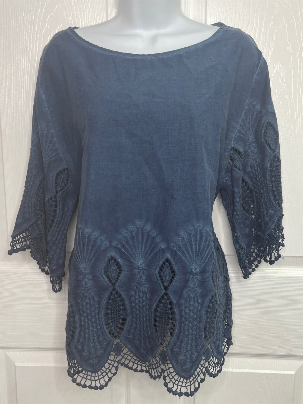 LRL Indigo Cotton Top Crochet Trim Matching Camisole Tank Size Medium